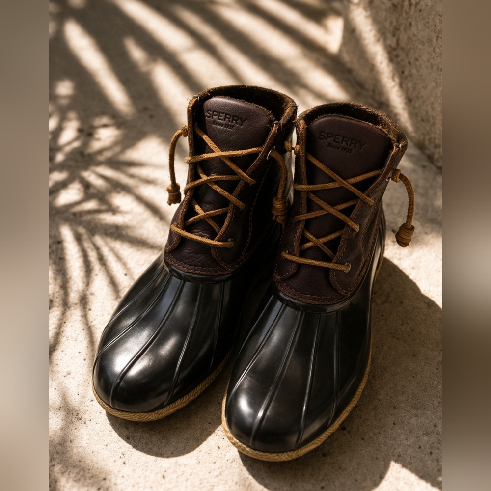 Sperry Brown Leather And Rubber Saltwater Duck Water/rain Boots. Ladies 8